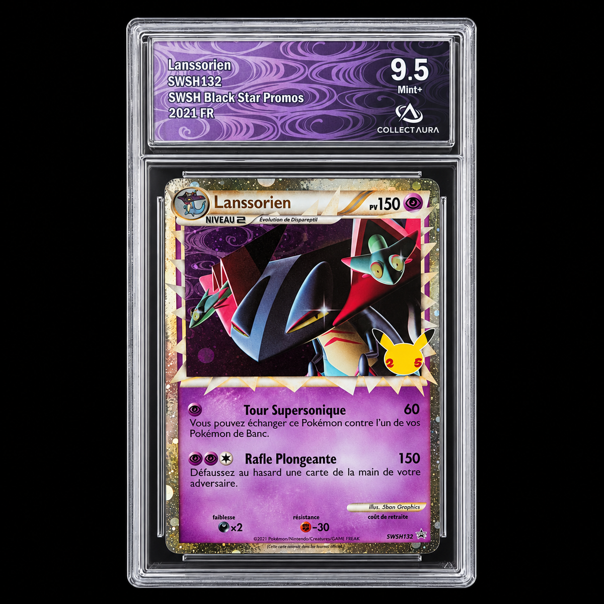 Lanssorien SWSH132 promotionnelle 2021 française gradée Collect Aura 9.5 Mint+ sur fond noir