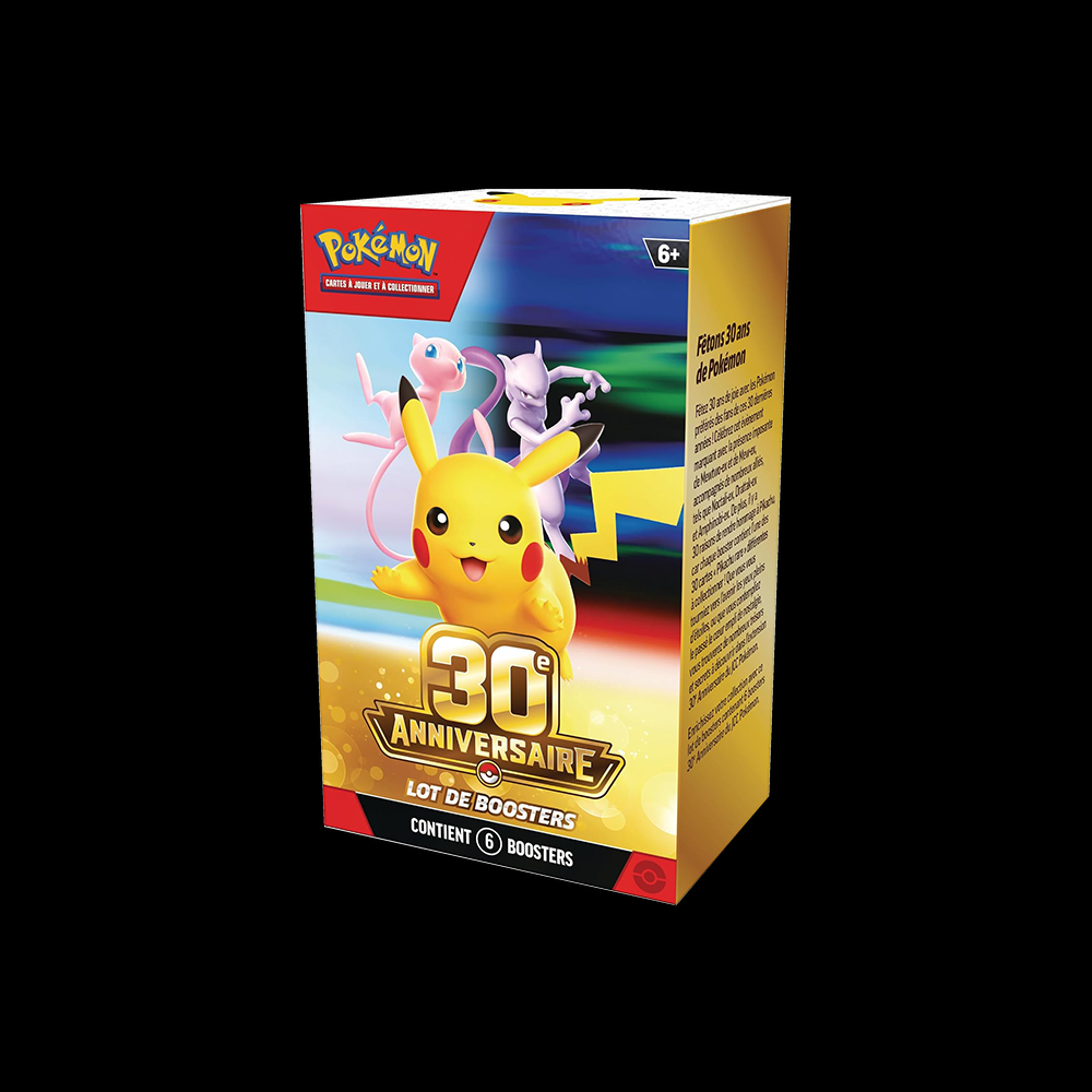 Bundle Pokémon 30e Anniversaire français – 6 boosters sur fond noir, protection acrylique incluse