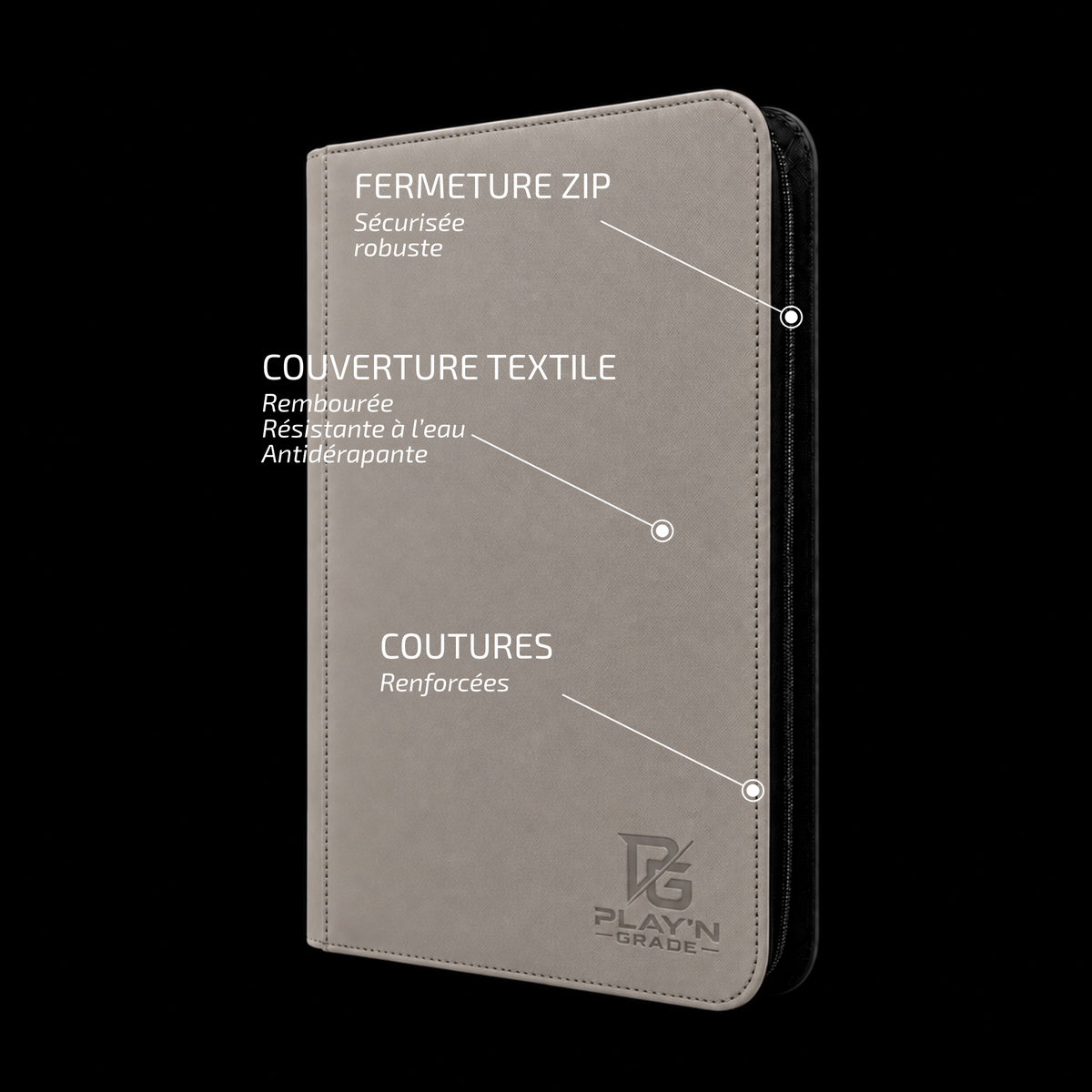 Classeur cartes ZIP 3x3 gris Play’n’Grade — caractéristiques de la couverture et de la fermeture ZIP