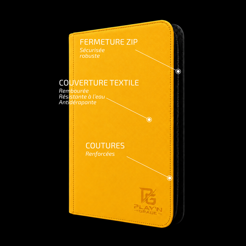 Classeur cartes ZIP 3x3 jaune Play’n’Grade — caractéristiques de la couverture et de la fermeture ZIP