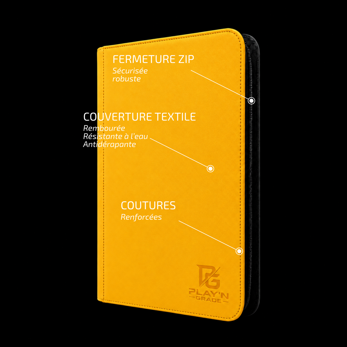 Classeur cartes ZIP 3x3 jaune Play’n’Grade — caractéristiques de la couverture et de la fermeture ZIP