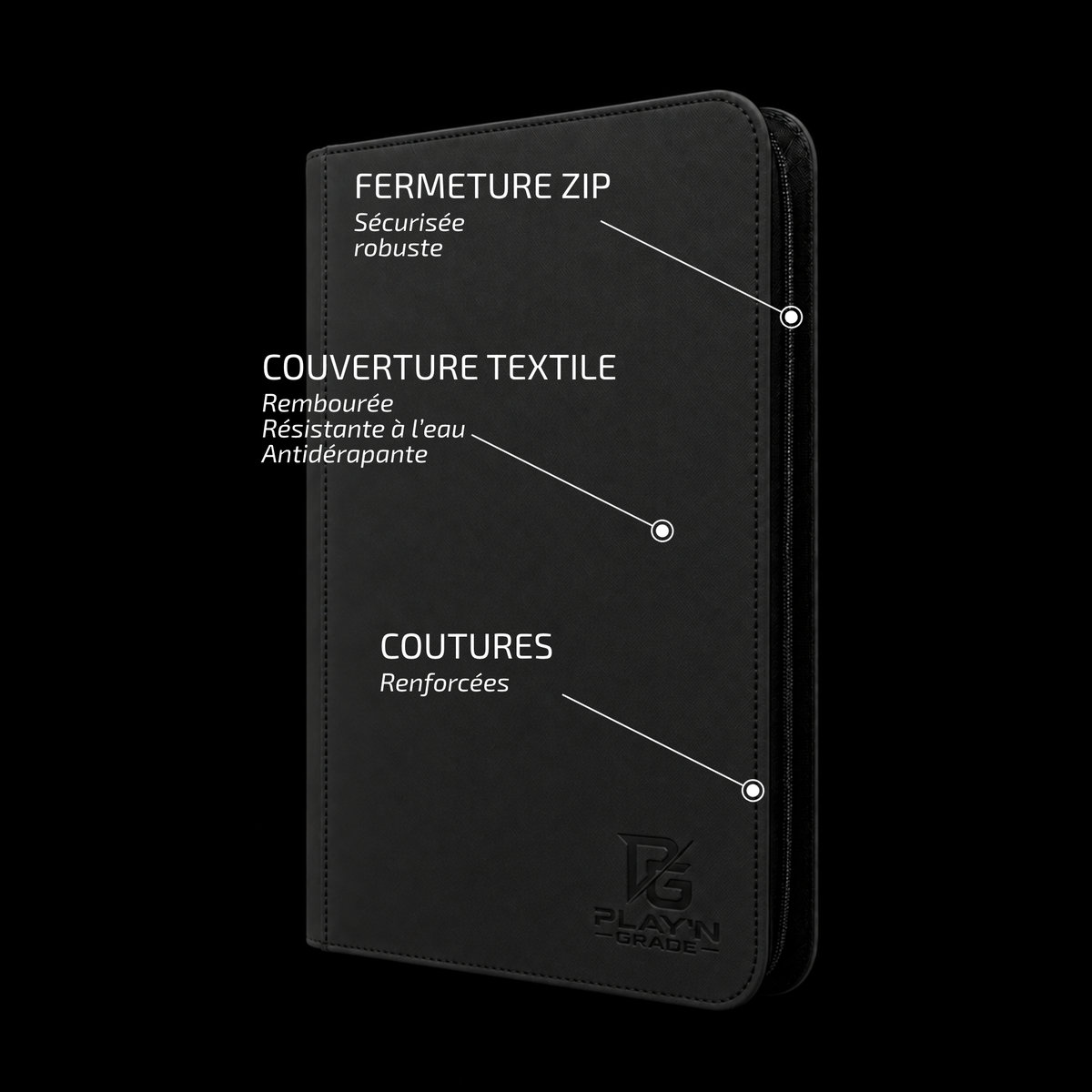 Classeur cartes ZIP 3x3 noir Play’n’Grade — caractéristiques de la couverture et de la fermeture ZIP