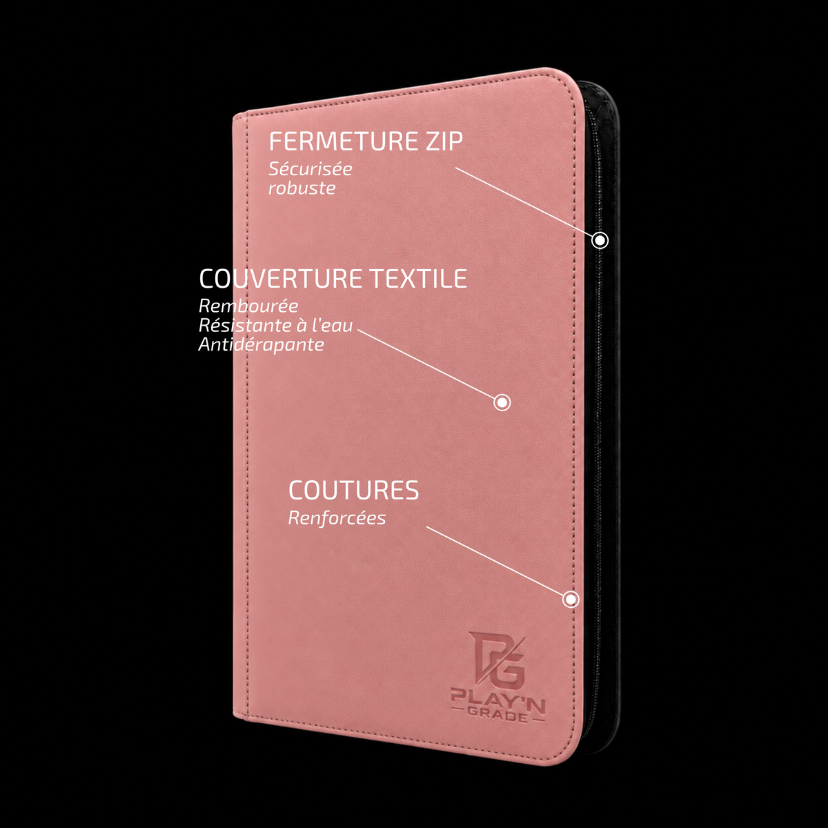 Classeur cartes ZIP 3x3 rose Play’n’Grade — caractéristiques de la couverture et de la fermeture ZIP