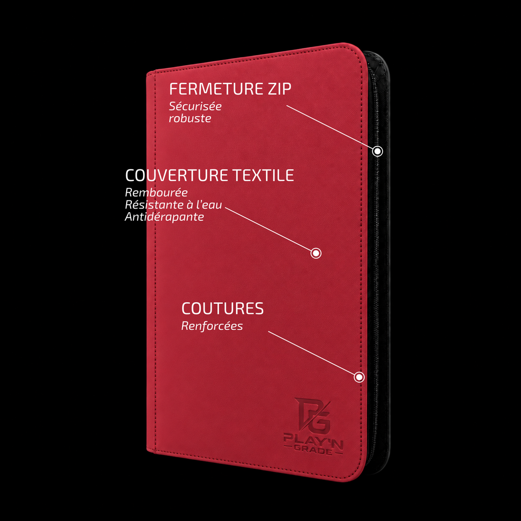 Classeur cartes ZIP 3x3 rouge Play’n’Grade — caractéristiques de la couverture et de la fermeture ZIP