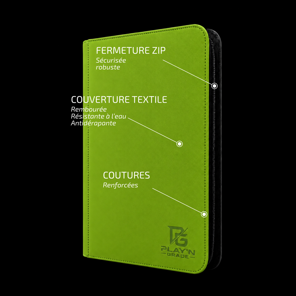 Classeur cartes ZIP 3x3 vert Play’n’Grade — caractéristiques de la couverture et de la fermeture ZIP