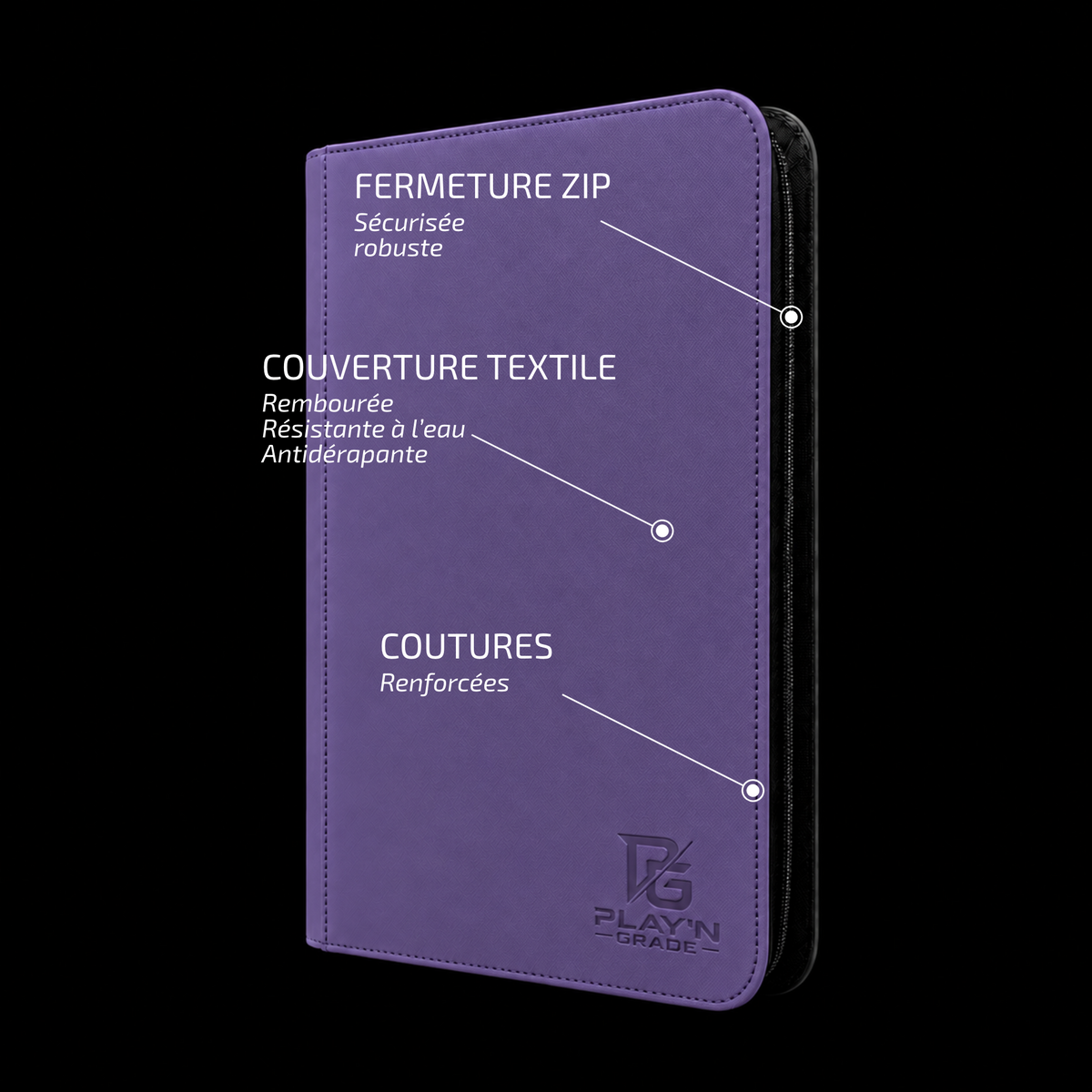 Classeur cartes ZIP 3x3 violet Play’n’Grade — caractéristiques de la couverture et de la fermeture ZIP