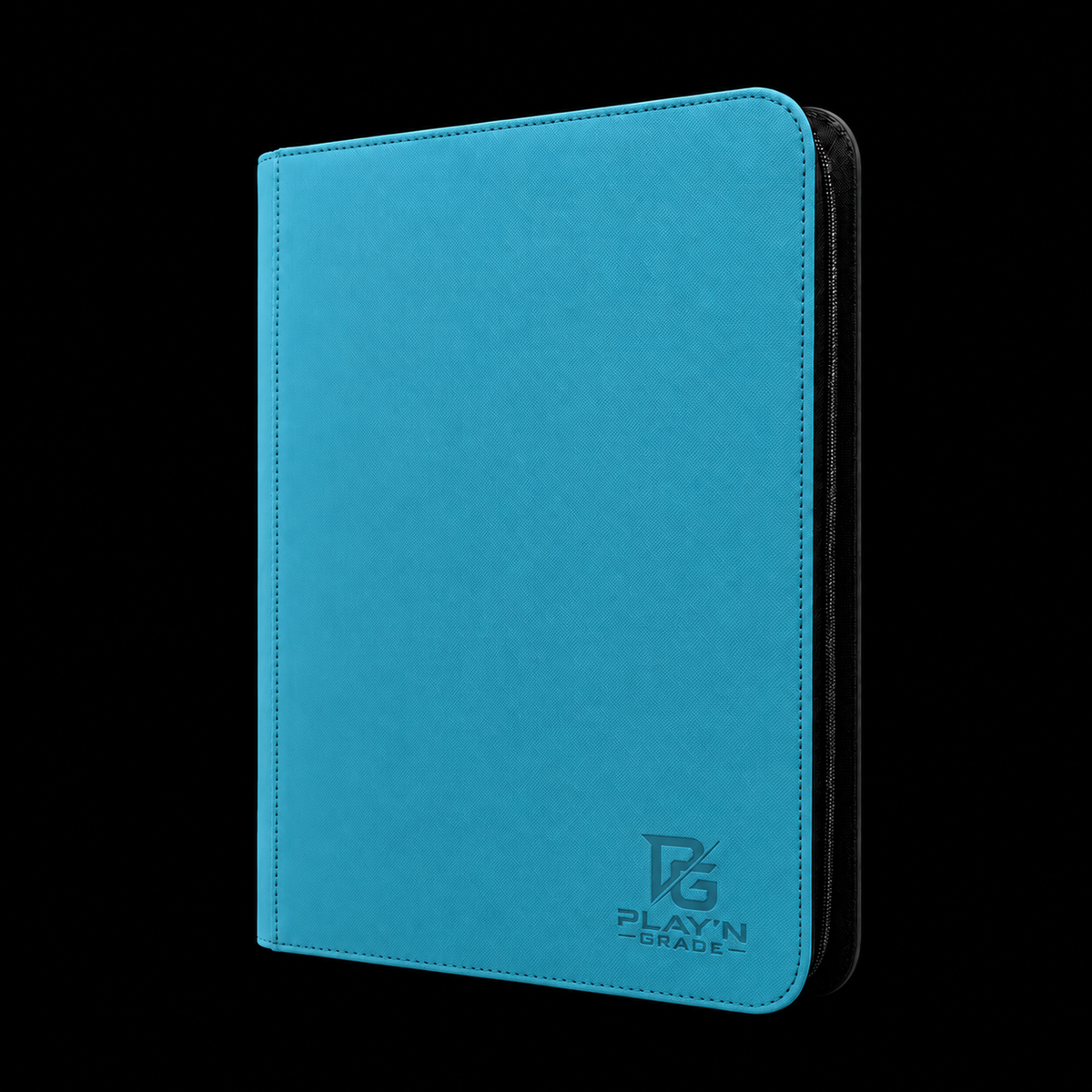 Classeur cartes zippé bleu Play’n’Grade, nouveau logo, fermeture noire sur fond noir
