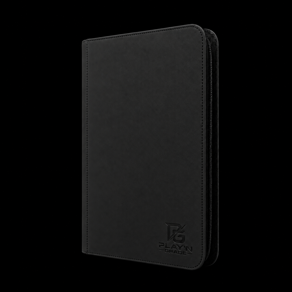 Classeur cartes ZIP noir Play’n’Grade, format étroit, nouveau logo et zip noir sur fond noir