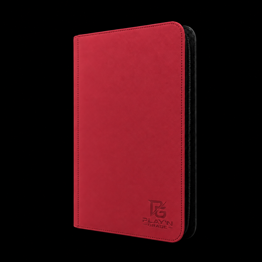 Classeur cartes ZIP rouge Play’n’Grade, format étroit, zip noir sur fond noir