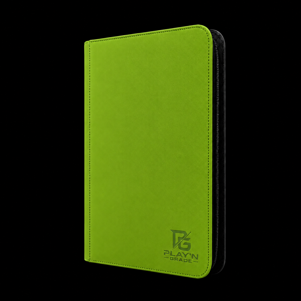 Classeur cartes ZIP vert Play’n’Grade, format étroit, zip noir sur fond noir