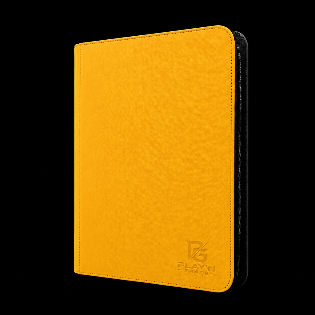 Classeur cartes zippé jaune Play’n’Grade, nouveau logo, fermeture noire sur fond noir