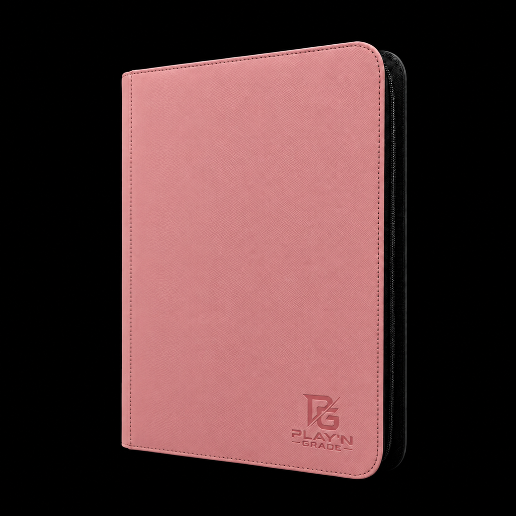Classeur cartes zippé rose Play’n’Grade, nouveau logo, fermeture noire sur fond noir