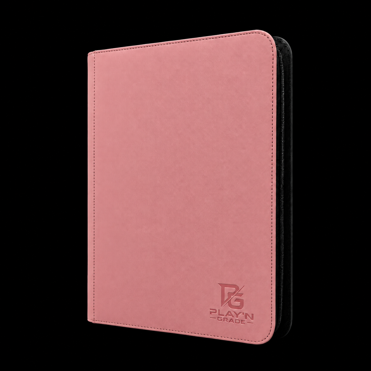 Classeur cartes zippé rose Play’n’Grade, nouveau logo, fermeture noire sur fond noir