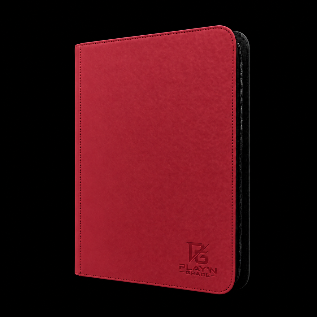 Classeur cartes zippé rouge Play’n’Grade, nouveau logo, fermeture noire sur fond noir