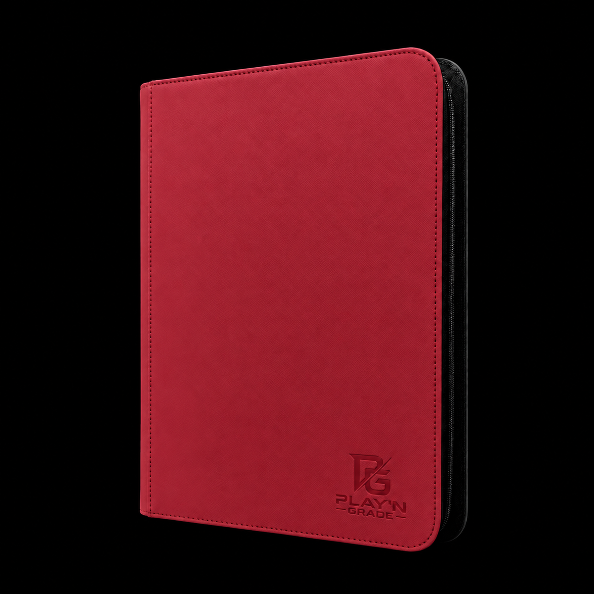 Classeur cartes zippé rouge Play’n’Grade, nouveau logo, fermeture noire sur fond noir