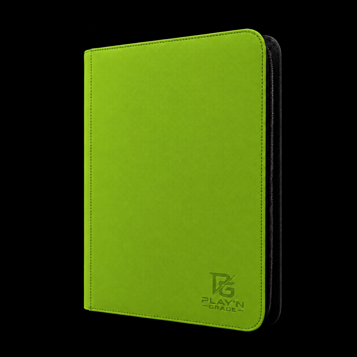 Classeur cartes zippé vert Play’n’Grade, nouveau logo, fermeture noire sur fond noir
