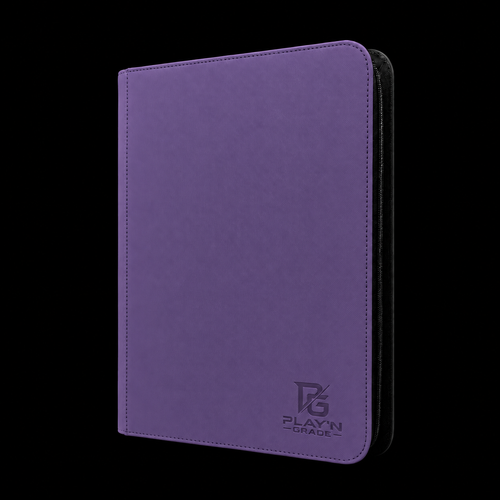 Classeur cartes zippé violet Play’n’Grade, nouveau logo, fermeture noire sur fond noir