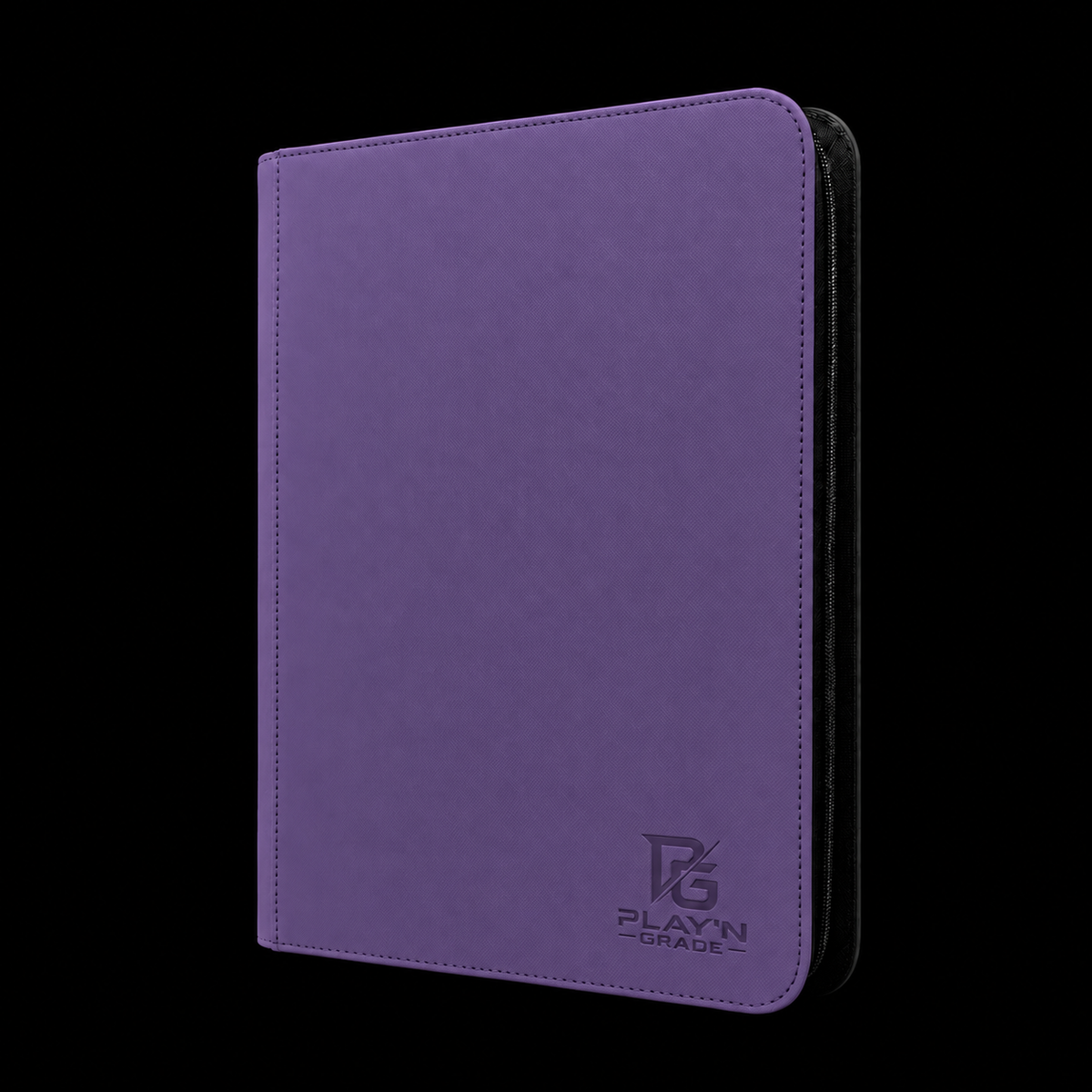 Classeur cartes zippé violet Play’n’Grade, nouveau logo, fermeture noire sur fond noir