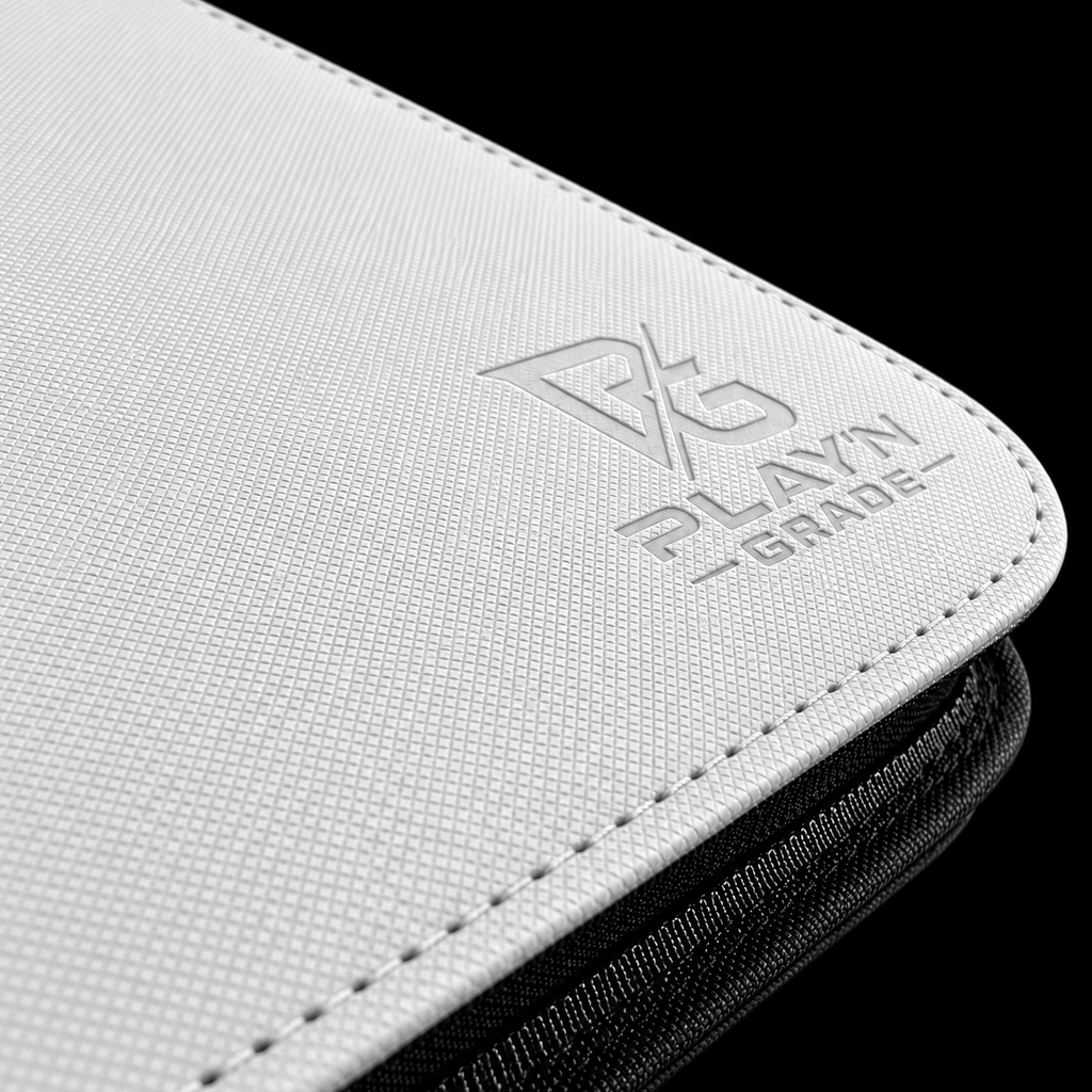 Détail du logo Play’n’Grade, de la texture et du zip noir — classeur blanc