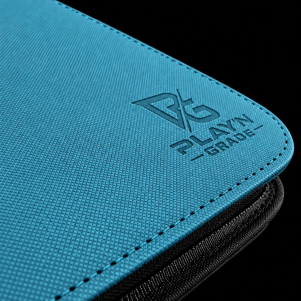 Détail du logo Play’n’Grade, de la texture et du zip noir — classeur bleu turquoise