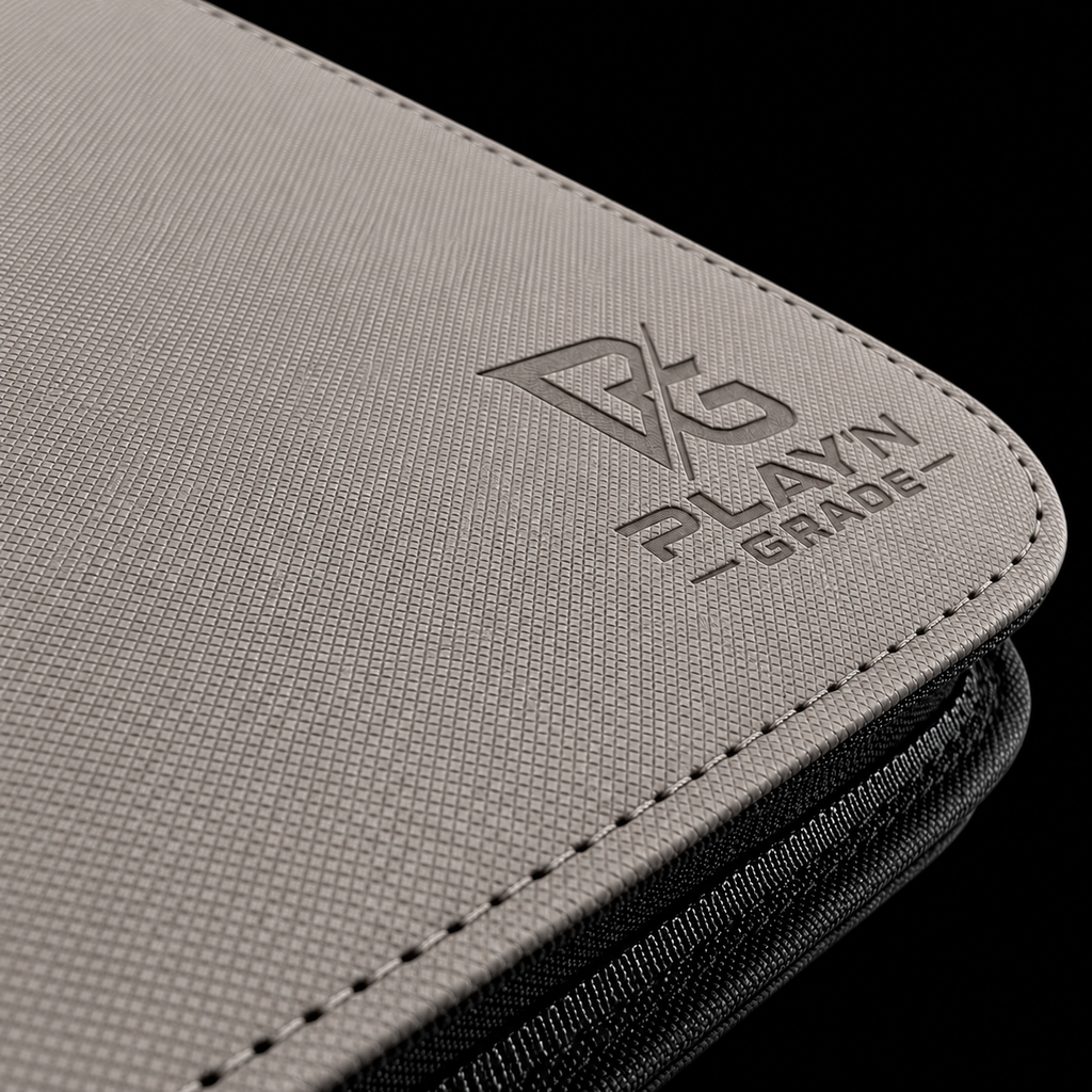 Détail du logo Play’n’Grade, de la texture et du zip noir — classeur gris