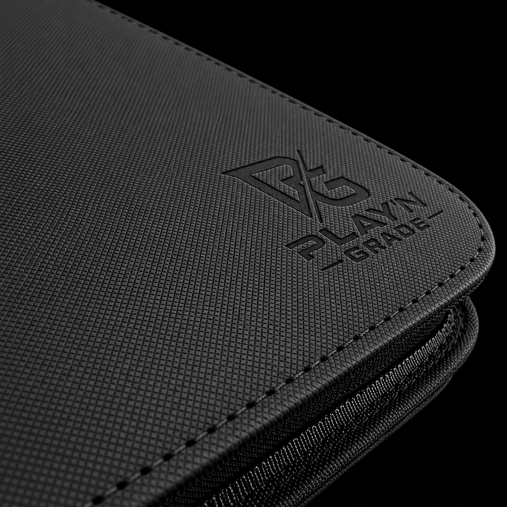 Détail du logo Play’n’Grade, de la texture et du zip noir — classeur noir