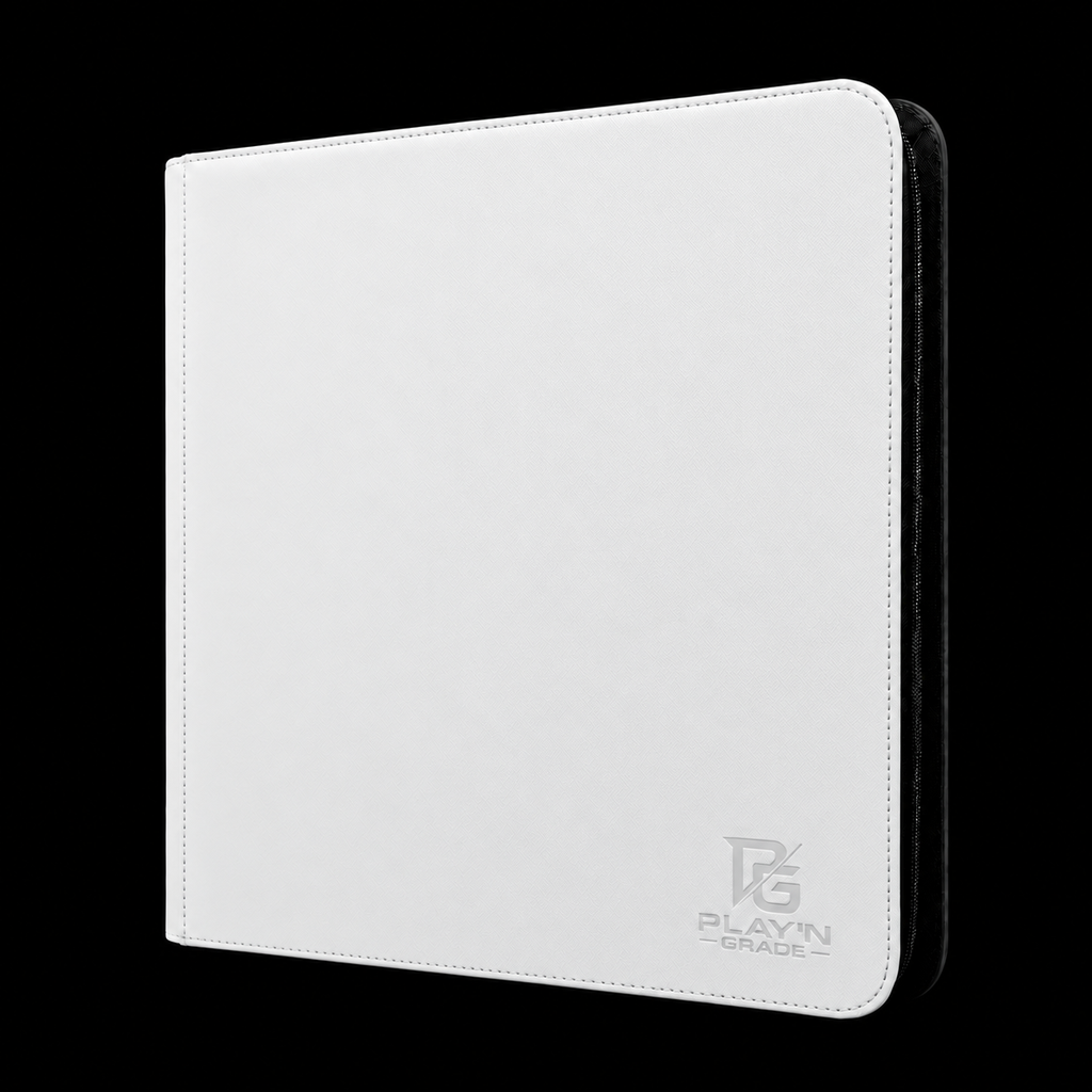 Classeur zippé format large blanc Play’n’Grade, nouveau logo, zip noir sur fond noir