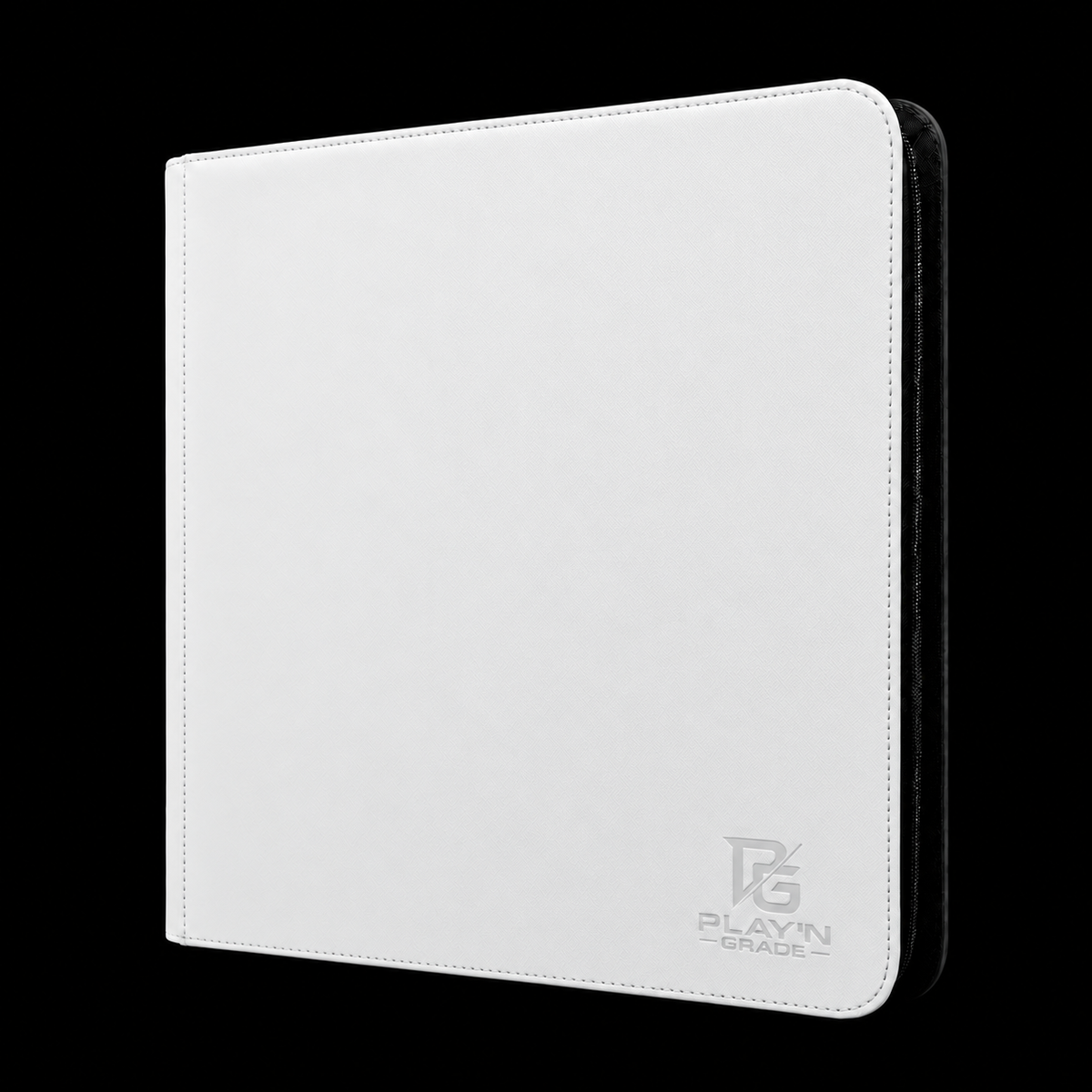 Classeur zippé format large blanc Play’n’Grade, nouveau logo, zip noir sur fond noir