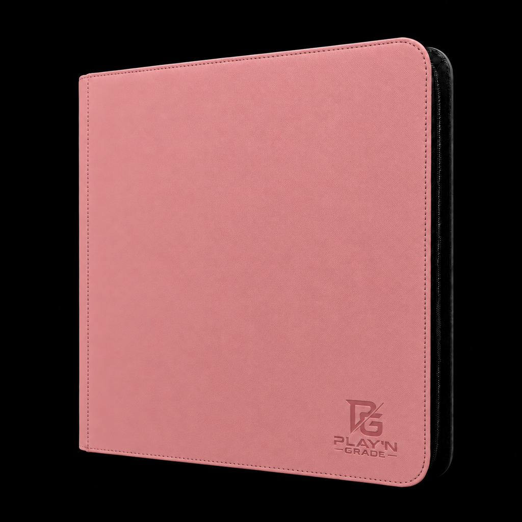 Classeur zippé format large rose Play’n’Grade, nouveau logo, zip noir sur fond noir