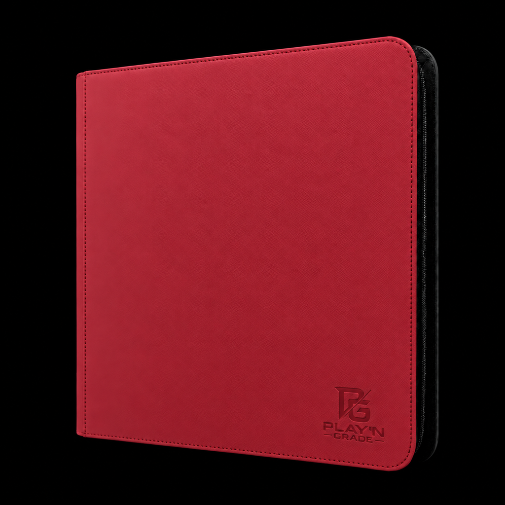 Classeur zippé format large rouge Play’n’Grade, nouveau logo, zip noir sur fond noir
