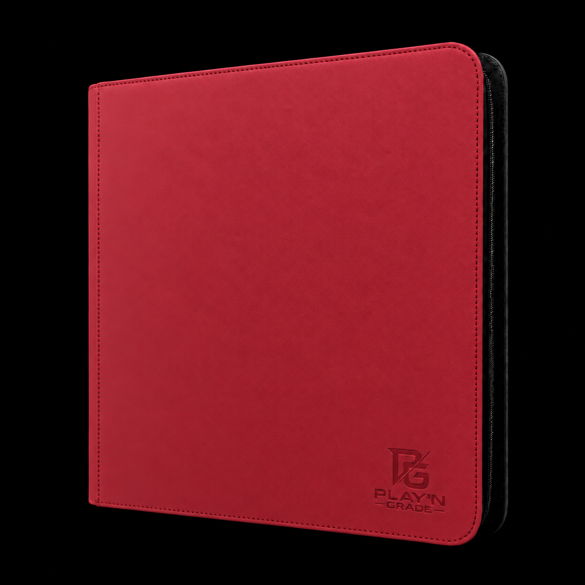 Classeur zippé format large rouge Play’n’Grade, nouveau logo, zip noir sur fond noir