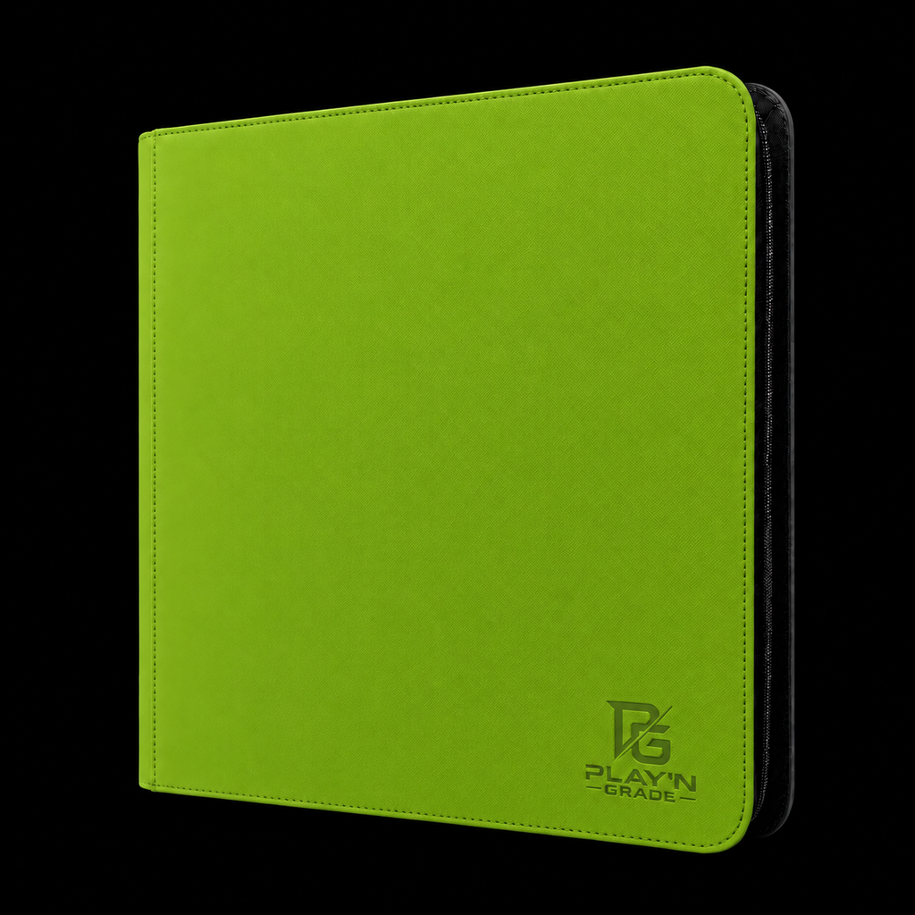 Classeur zippé format large vert Play’n’Grade, nouveau logo, zip noir sur fond noir
