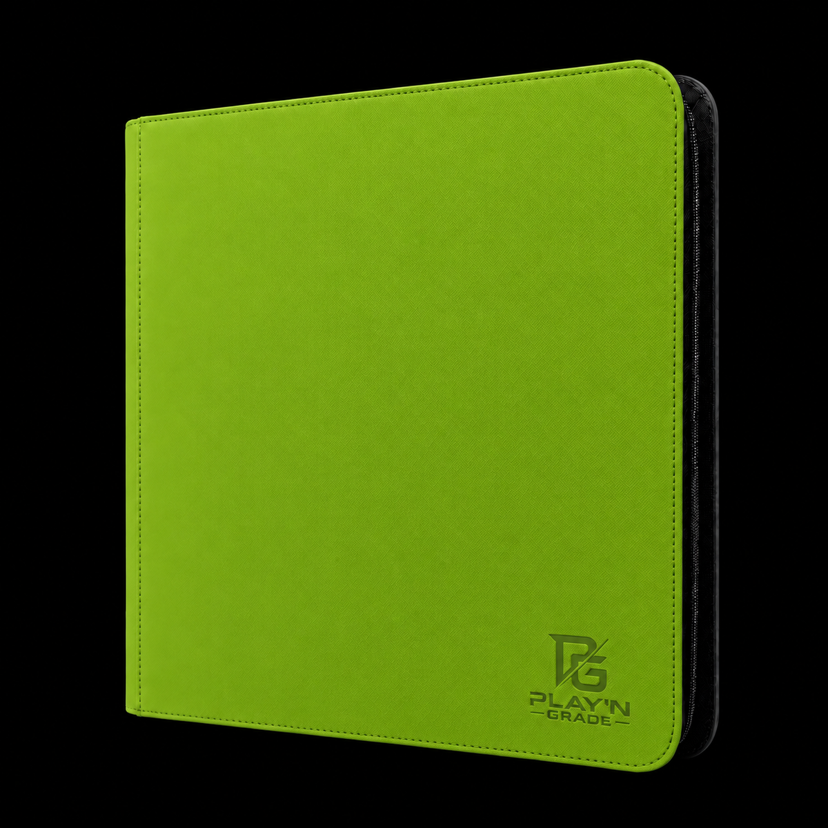 Classeur zippé format large vert Play’n’Grade, nouveau logo, zip noir sur fond noir