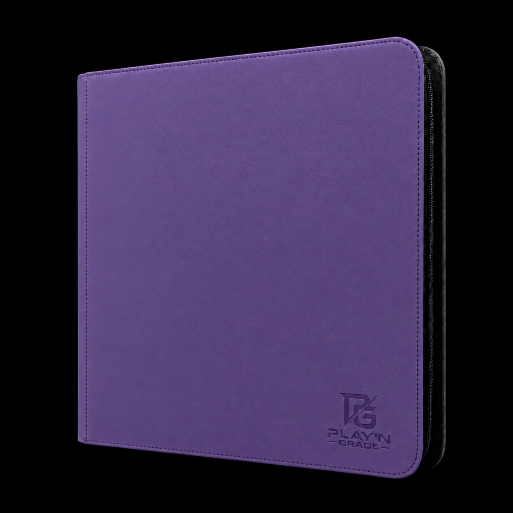 Classeur zippé format large violet Play’n’Grade, nouveau logo, zip noir sur fond noir