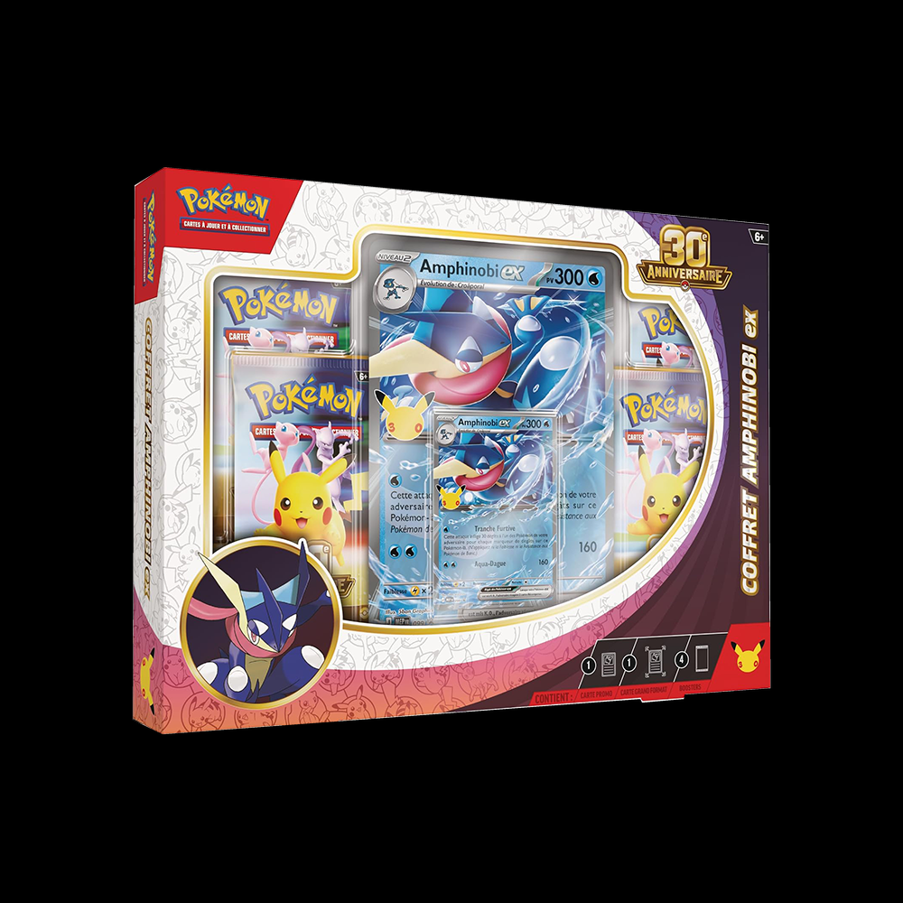 Coffret Pokémon Amphinobi-ex 30e Anniversaire français sur fond noir