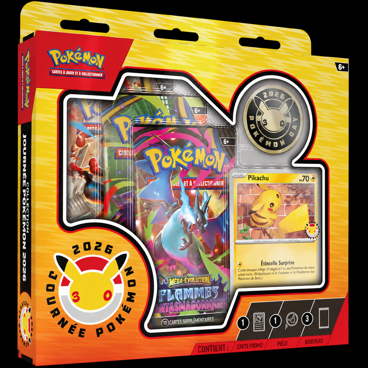 Coffret Journée Pokémon 2026 Pikachu français sur fond noir