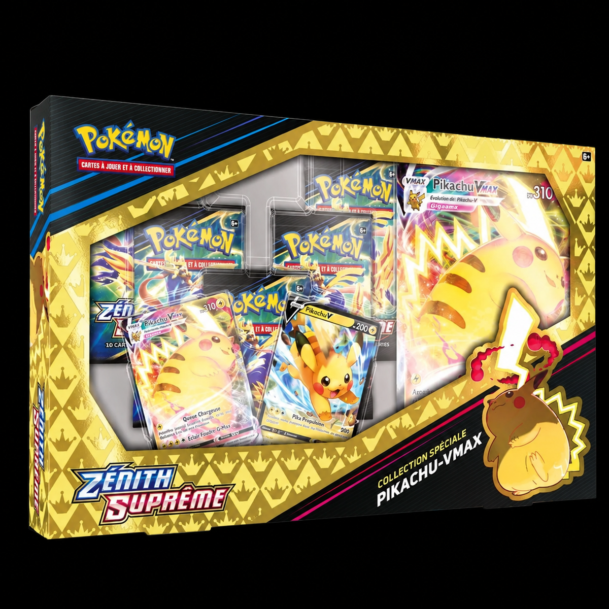 Coffret Pikachu VMAX Zénith Suprême français sur fond noir