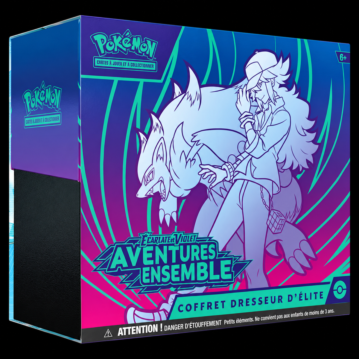 ETB Pokémon EV9 Aventures Ensemble française sur fond noir, tranche gauche visible